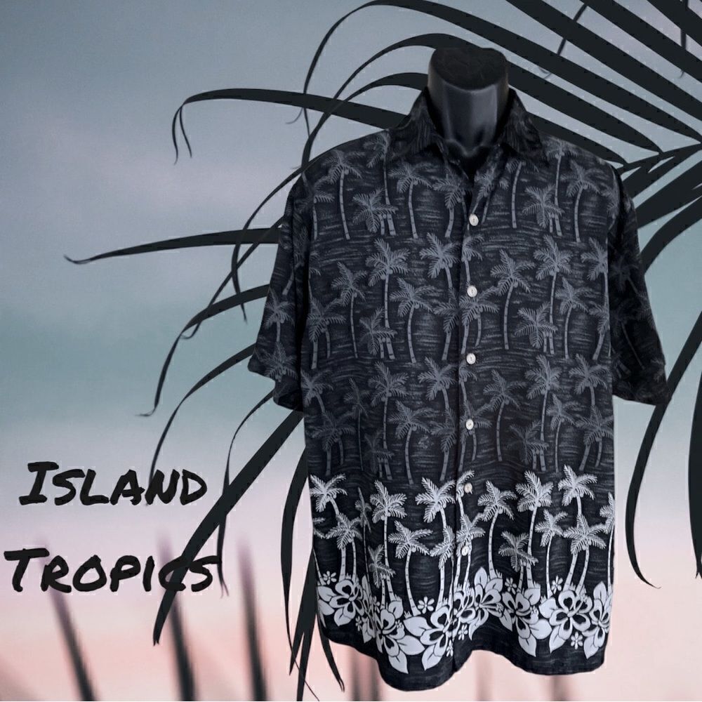 Island Tropics l Mens Short-Sleeve Shirt l Dark Gray w/ White Palmtrees l Pocket